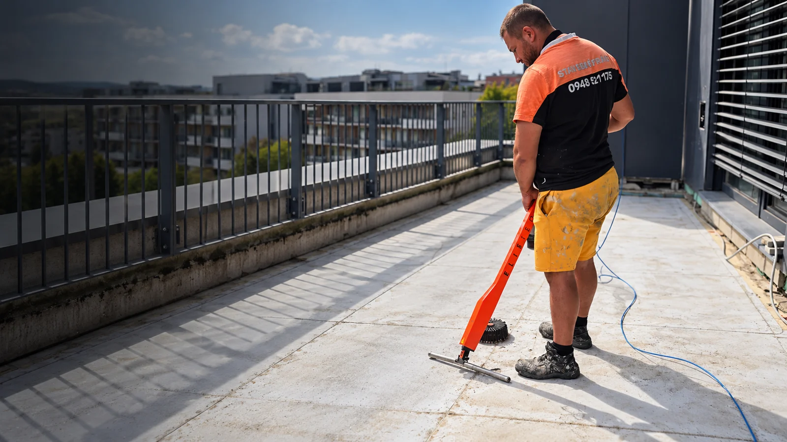 Pracovník s prístrojom pri kontrole hydroizolácie terasy